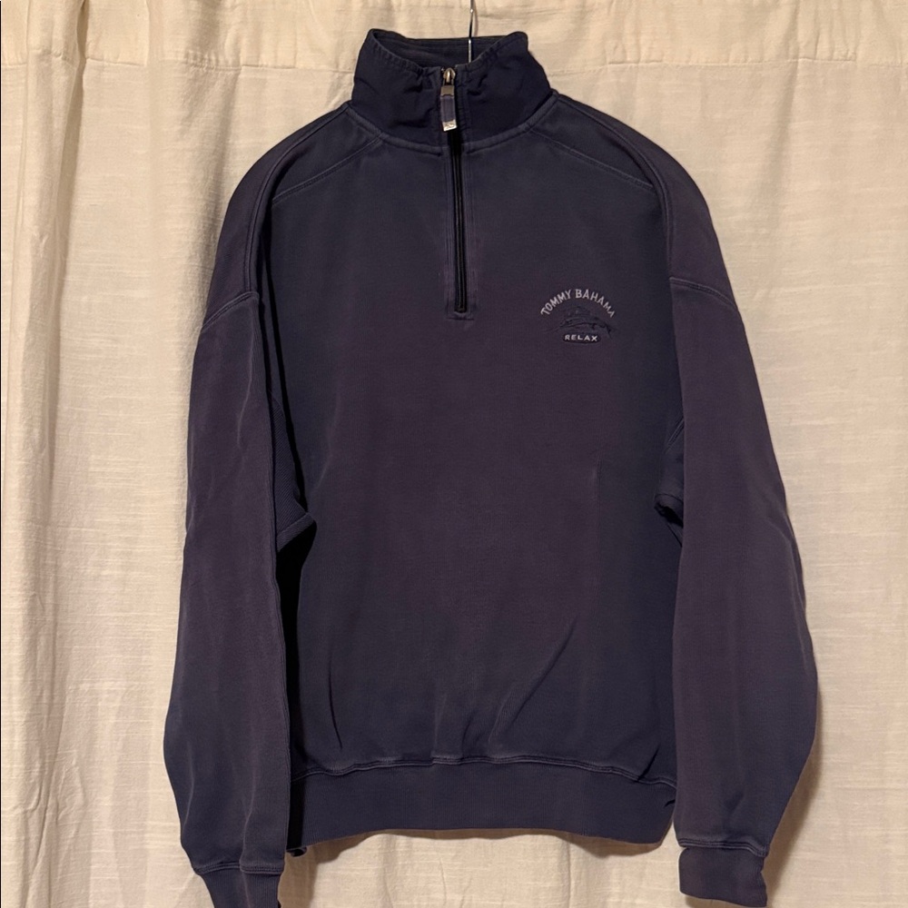 Vintage Tommy Bahama Men's Navy 3/4 Zip Sweatshirt- Size M
